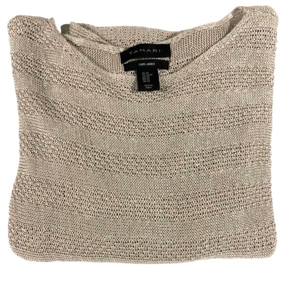 Tahari 100% Linen Tan Beige Sweater XS Preppy Cottage Minimalist Neutral Crochet - Picture 7 of 7